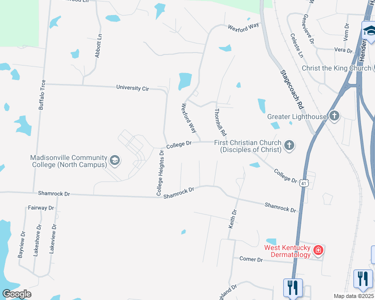 map of restaurants, bars, coffee shops, grocery stores, and more near 1295 College Drive in Madisonville