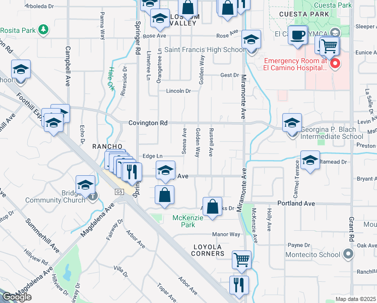map of restaurants, bars, coffee shops, grocery stores, and more near 1084 Golden Way in Los Altos
