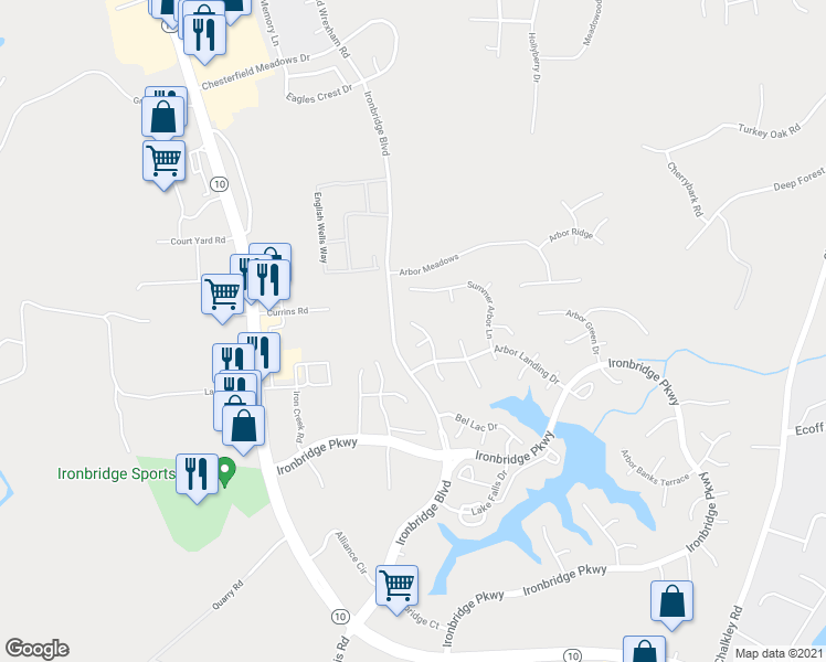 map of restaurants, bars, coffee shops, grocery stores, and more near 11018 Arbor Croft Way in Chester