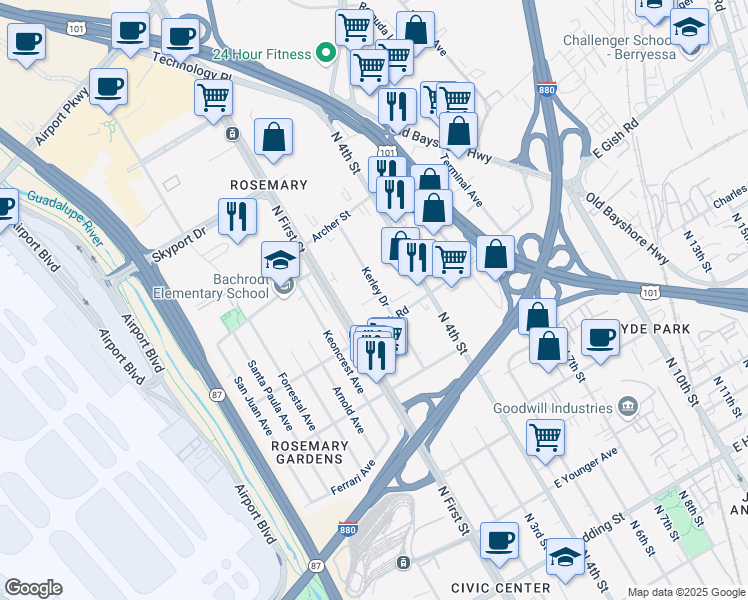 map of restaurants, bars, coffee shops, grocery stores, and more near 1445 Kerley Drive in San Jose