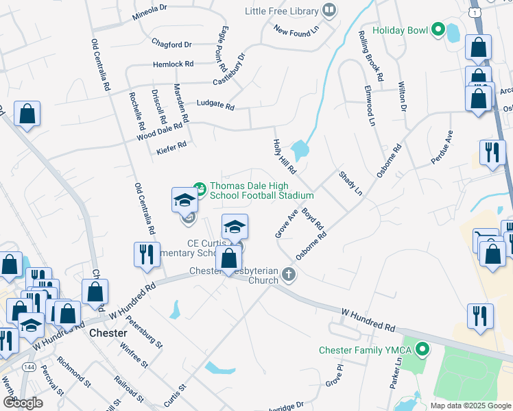 map of restaurants, bars, coffee shops, grocery stores, and more near 11733 Dewberry Lane in Chester