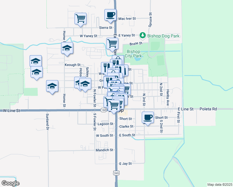 map of restaurants, bars, coffee shops, grocery stores, and more near 362 North Main Street in Bishop