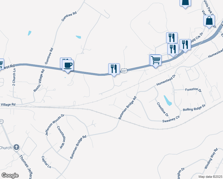 map of restaurants, bars, coffee shops, grocery stores, and more near 1152 Gables Drive in Forest