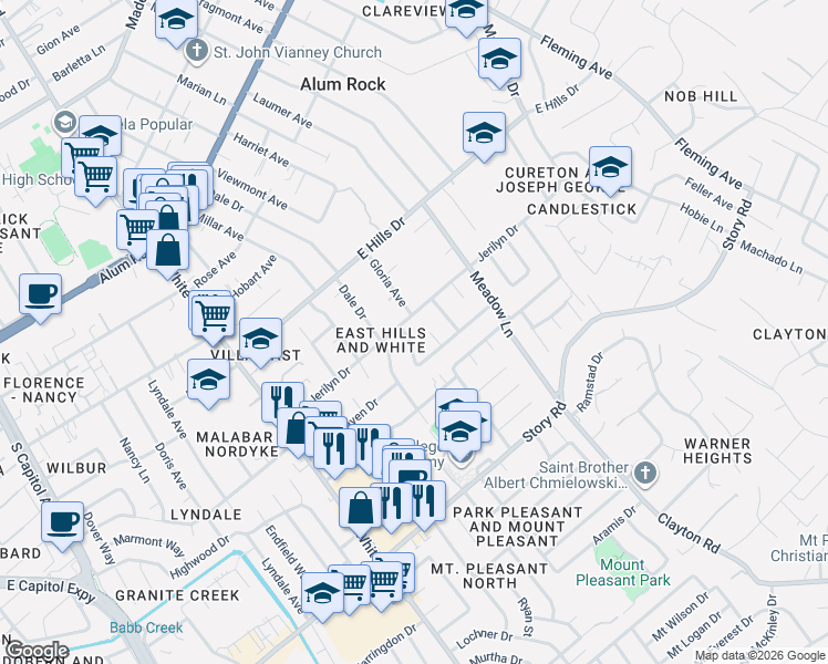 map of restaurants, bars, coffee shops, grocery stores, and more near 14344 Jerilyn Drive in San Jose