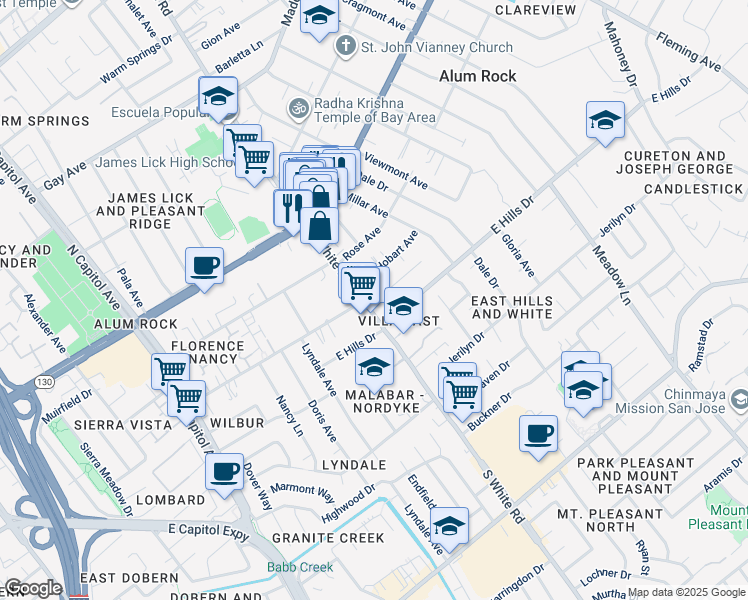 map of restaurants, bars, coffee shops, grocery stores, and more near 3101 Florence Court in San Jose