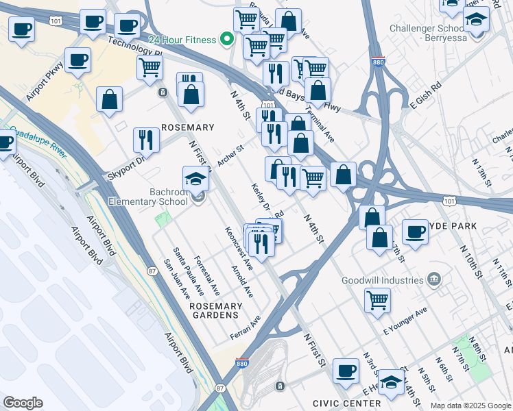 map of restaurants, bars, coffee shops, grocery stores, and more near 1465 Kerley Drive in San Jose