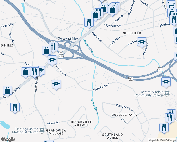 map of restaurants, bars, coffee shops, grocery stores, and more near 129 Water Gate Drive in Lynchburg