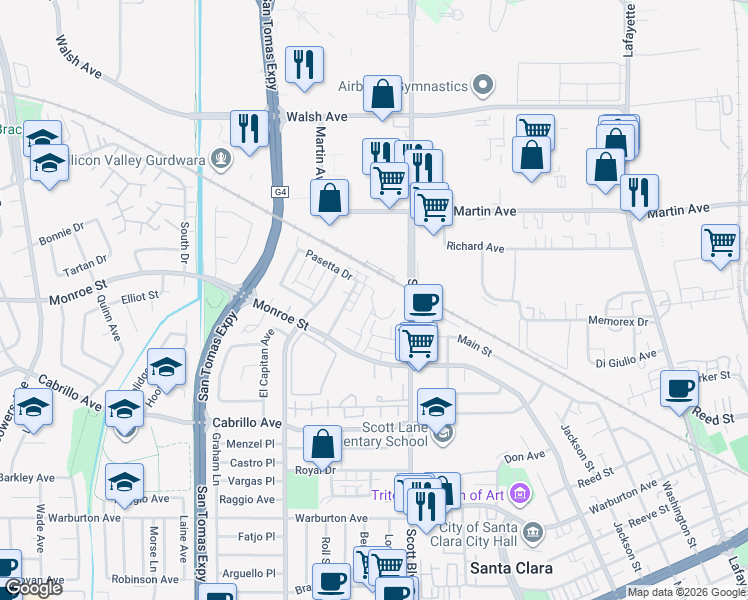 map of restaurants, bars, coffee shops, grocery stores, and more near 2201 Monroe Street in Santa Clara