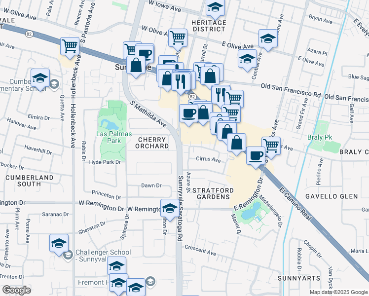 map of restaurants, bars, coffee shops, grocery stores, and more near 825 Azure Street in Sunnyvale