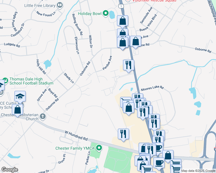 map of restaurants, bars, coffee shops, grocery stores, and more near 3106 Perdue Springs Lane in Chester