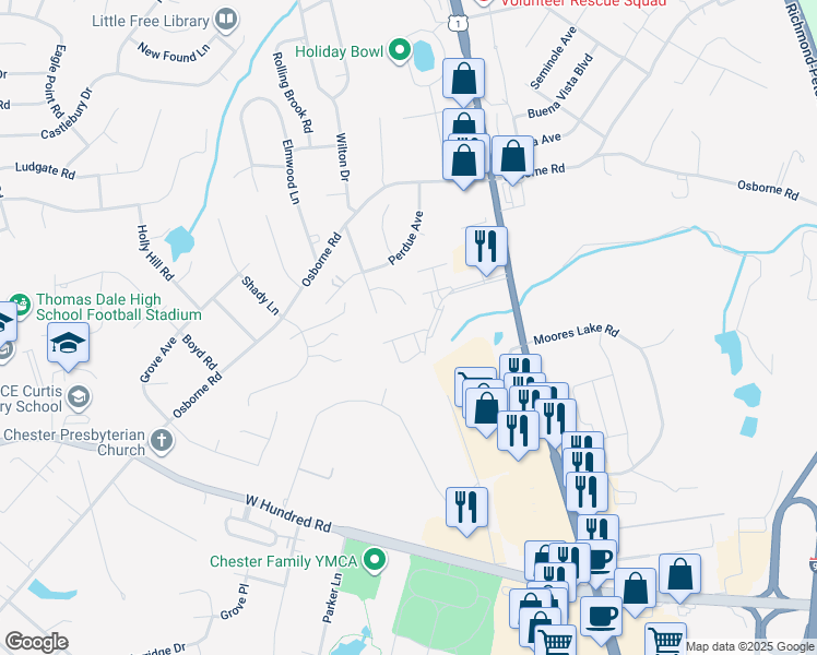map of restaurants, bars, coffee shops, grocery stores, and more near 3106 Perdue Springs Lane in Chester