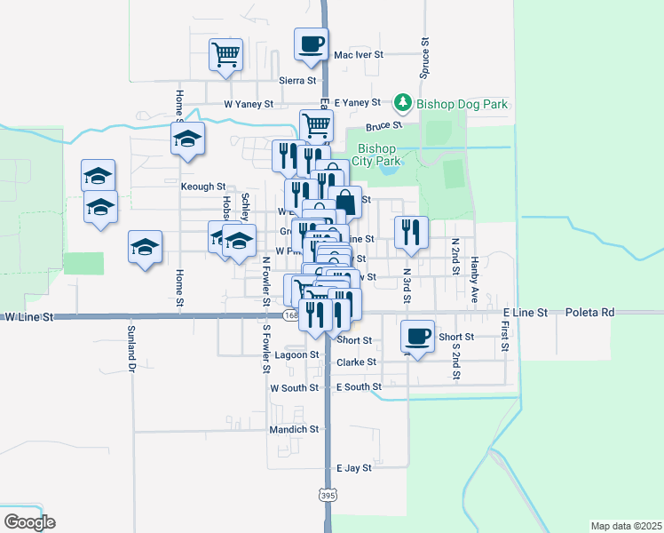 map of restaurants, bars, coffee shops, grocery stores, and more near 362 North Main Street in Bishop