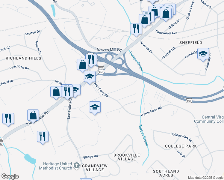 map of restaurants, bars, coffee shops, grocery stores, and more near 105 Adams Drive in Lynchburg