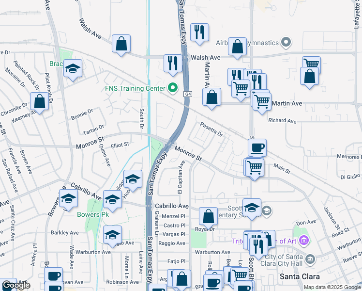 map of restaurants, bars, coffee shops, grocery stores, and more near 2339 Monroe Street in Santa Clara