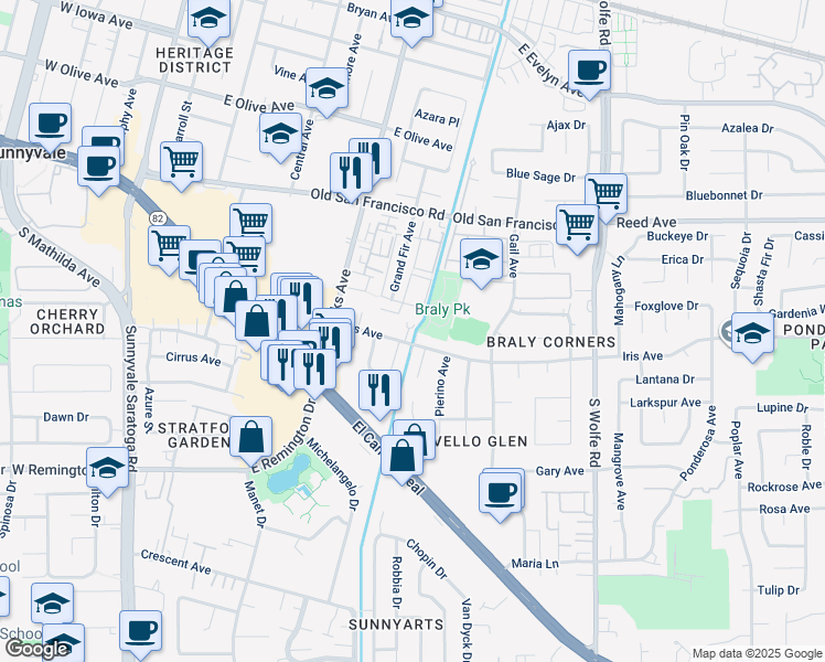 map of restaurants, bars, coffee shops, grocery stores, and more near 677 Iris Avenue in Sunnyvale