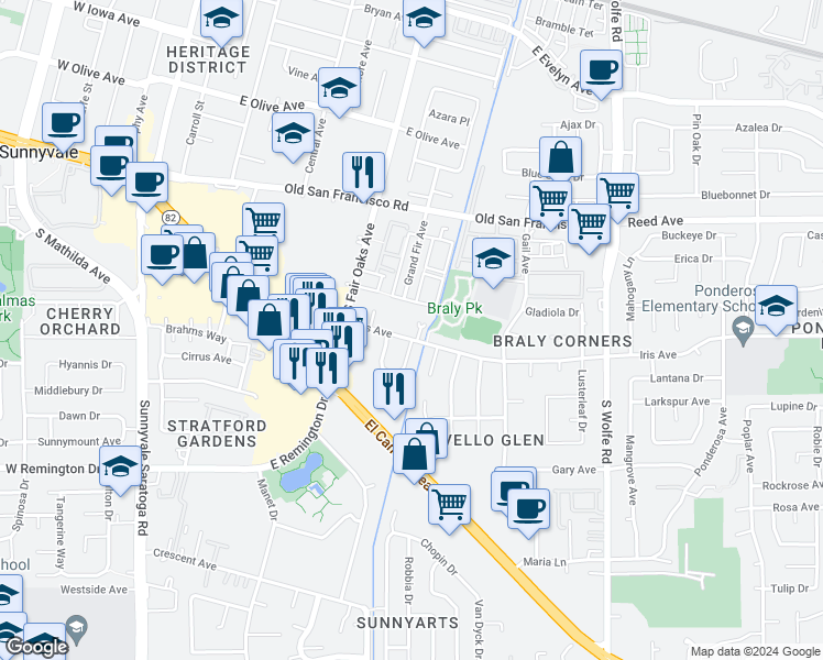 map of restaurants, bars, coffee shops, grocery stores, and more near 677 Iris Avenue in Sunnyvale