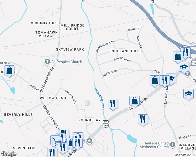 map of restaurants, bars, coffee shops, grocery stores, and more near 7198 Meadowbrook Road in Lynchburg