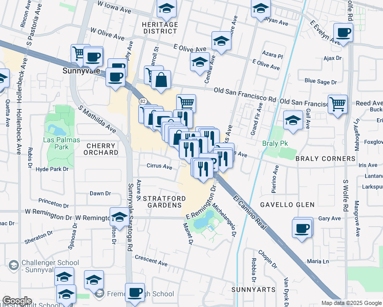 map of restaurants, bars, coffee shops, grocery stores, and more near 550 East El Camino Real in Sunnyvale
