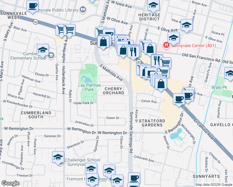 map of restaurants, bars, coffee shops, grocery stores, and more near 852 Yates Court in Sunnyvale