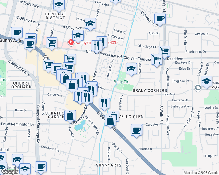 map of restaurants, bars, coffee shops, grocery stores, and more near 677 Iris Avenue in Sunnyvale