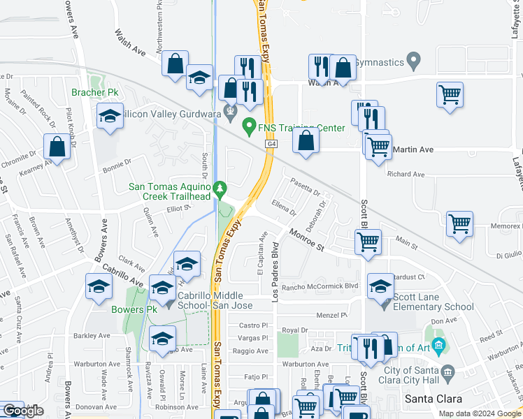 map of restaurants, bars, coffee shops, grocery stores, and more near 2339 Monroe Street in Santa Clara