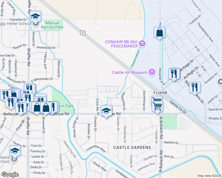 map of restaurants, bars, coffee shops, grocery stores, and more near 5200 Crest Road in Atwater