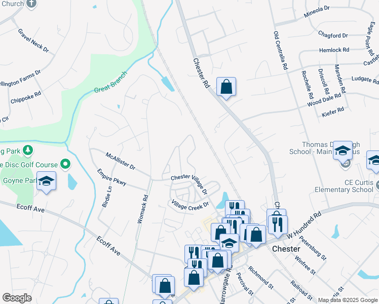 map of restaurants, bars, coffee shops, grocery stores, and more near 11001 Chester Garden Circle in Chester