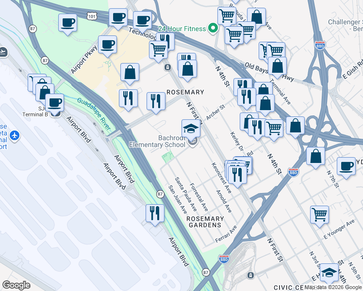 map of restaurants, bars, coffee shops, grocery stores, and more near 1550 Technology Drive in San Jose
