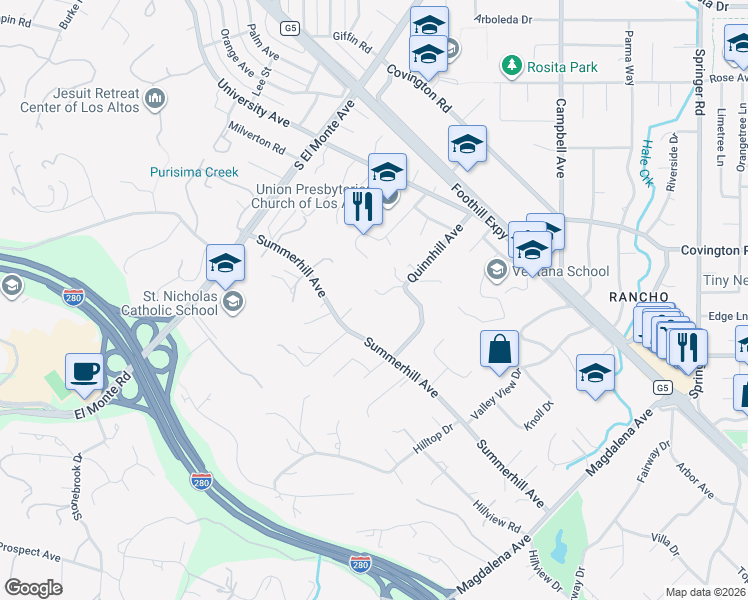 map of restaurants, bars, coffee shops, grocery stores, and more near 24570 Ruth Lee Court in Los Altos