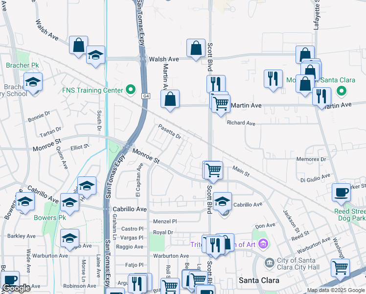 map of restaurants, bars, coffee shops, grocery stores, and more near 2285 Deborah Drive in Santa Clara
