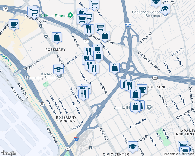 map of restaurants, bars, coffee shops, grocery stores, and more near North 4th Street & East Gish Road in San Jose