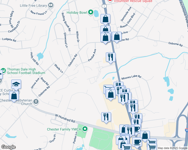 map of restaurants, bars, coffee shops, grocery stores, and more near 3036 Perdue Springs Lane in Chester