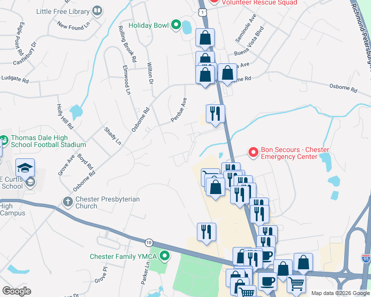 map of restaurants, bars, coffee shops, grocery stores, and more near 3000 Perdue Springs Lane in Chester