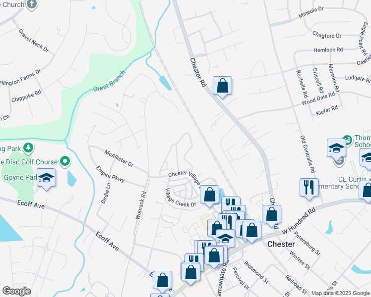 map of restaurants, bars, coffee shops, grocery stores, and more near 11001 Chester Garden Circle in Chester
