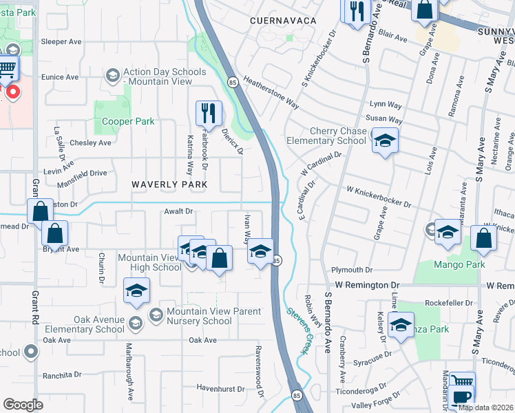 map of restaurants, bars, coffee shops, grocery stores, and more near 1308 Lubich Drive in Mountain View