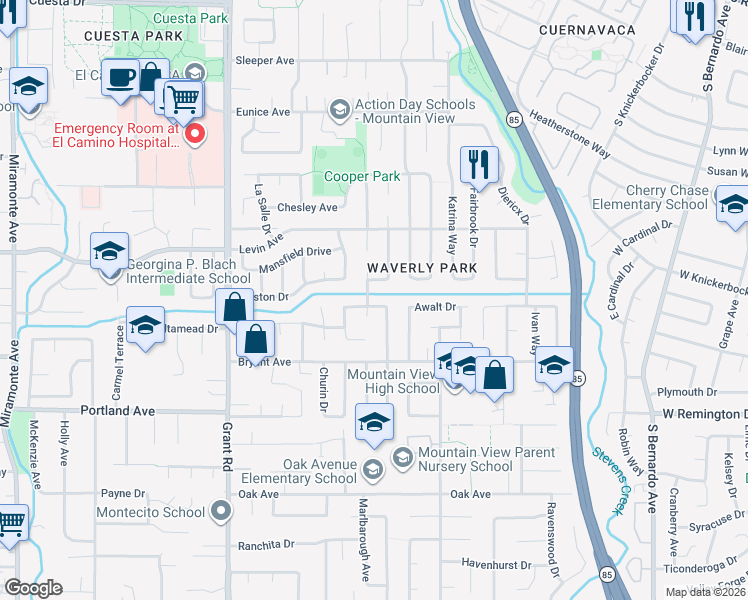 map of restaurants, bars, coffee shops, grocery stores, and more near 701 Waltham Street in Mountain View