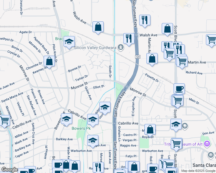 map of restaurants, bars, coffee shops, grocery stores, and more near 2416 Marmon Court in Santa Clara
