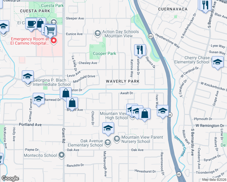 map of restaurants, bars, coffee shops, grocery stores, and more near 701 Waltham Street in Mountain View