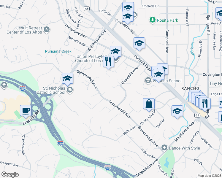 map of restaurants, bars, coffee shops, grocery stores, and more near 24570 Ruth Lee Court in Los Altos