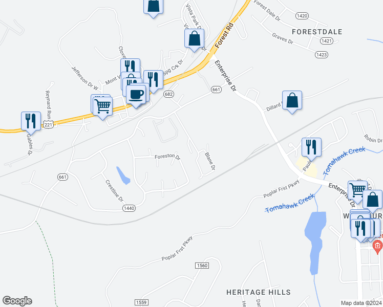 map of restaurants, bars, coffee shops, grocery stores, and more near 1308 Homestead Garden Court in Forest