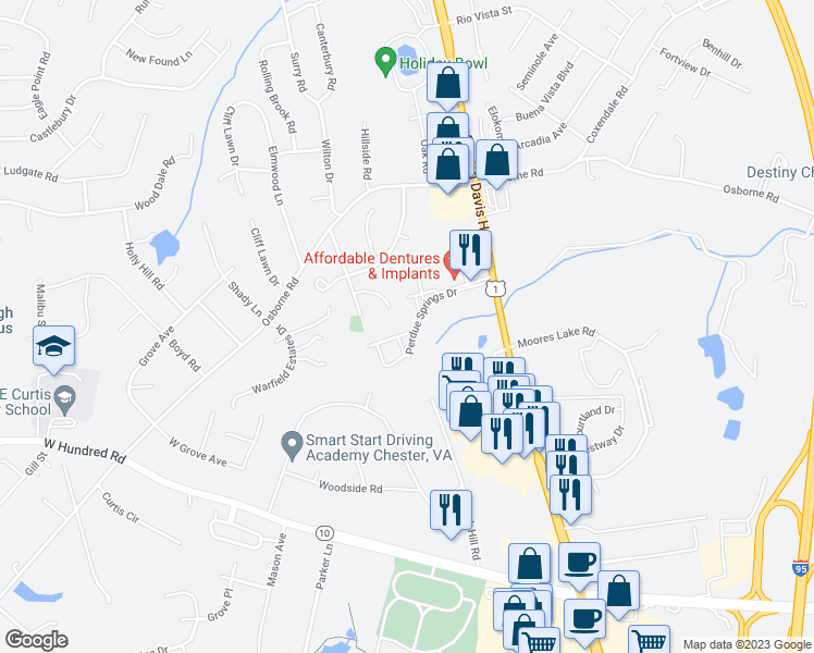map of restaurants, bars, coffee shops, grocery stores, and more near 3012 Perdue Springs Lane in Chester