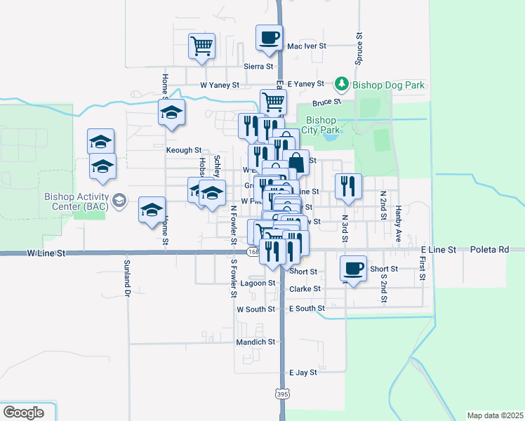 map of restaurants, bars, coffee shops, grocery stores, and more near 325 N Warren St in Bishop