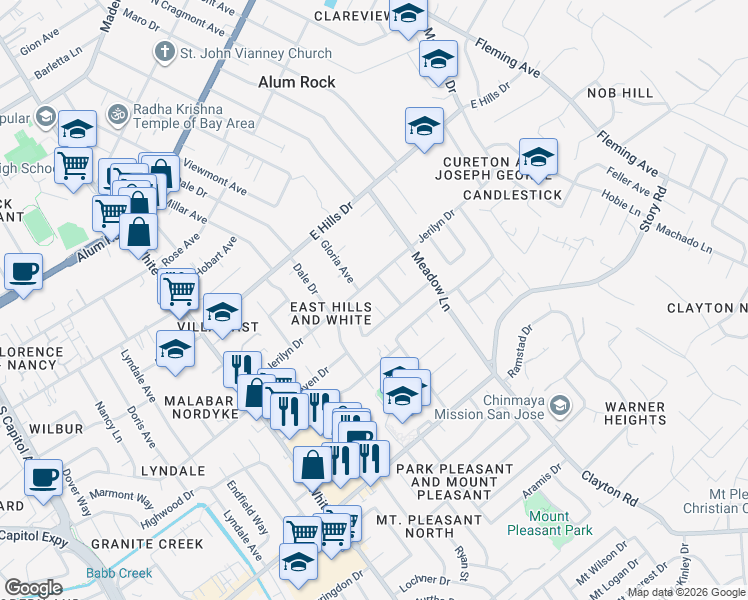 map of restaurants, bars, coffee shops, grocery stores, and more near 10314 Chrisland Court in San Jose