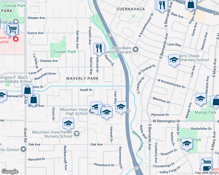 map of restaurants, bars, coffee shops, grocery stores, and more near 1266 Lubich Drive in Mountain View