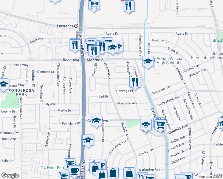 map of restaurants, bars, coffee shops, grocery stores, and more near 2231 Nobili Avenue in Santa Clara
