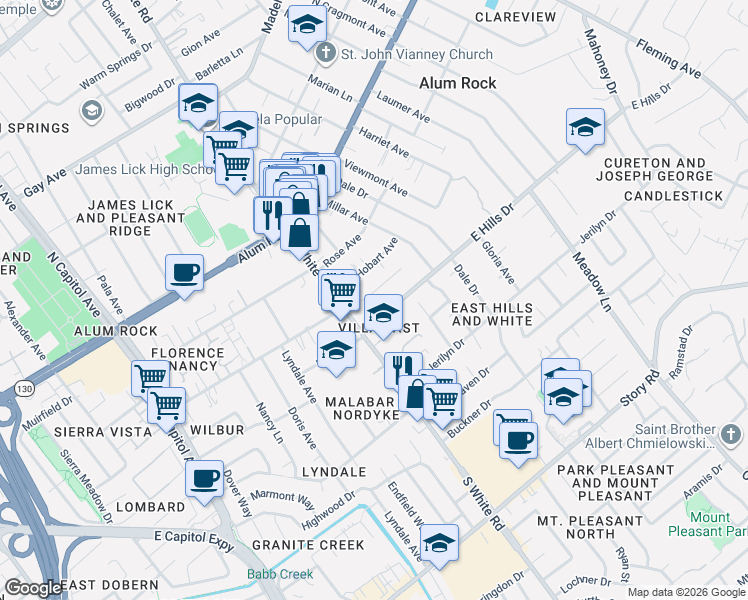 map of restaurants, bars, coffee shops, grocery stores, and more near 3116 Florence Court in San Jose
