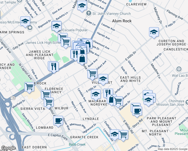 map of restaurants, bars, coffee shops, grocery stores, and more near 3101 Florence Court in San Jose