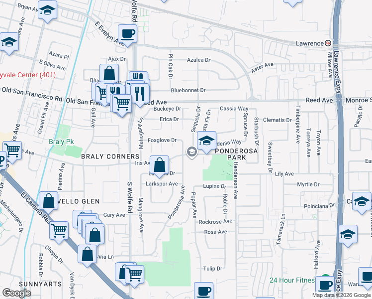 map of restaurants, bars, coffee shops, grocery stores, and more near 792 Ponderosa Avenue in Sunnyvale