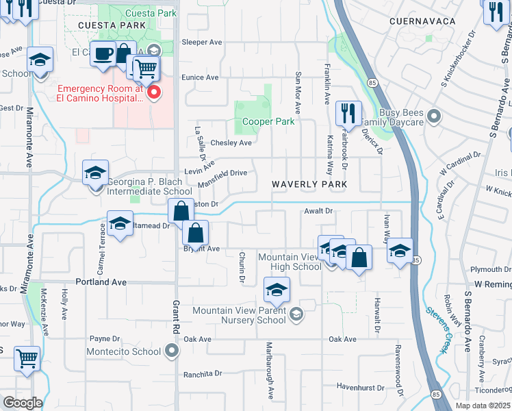 map of restaurants, bars, coffee shops, grocery stores, and more near 693 Waltham Street in Mountain View