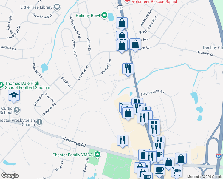 map of restaurants, bars, coffee shops, grocery stores, and more near 3000 Perdue Springs Lane in Chester